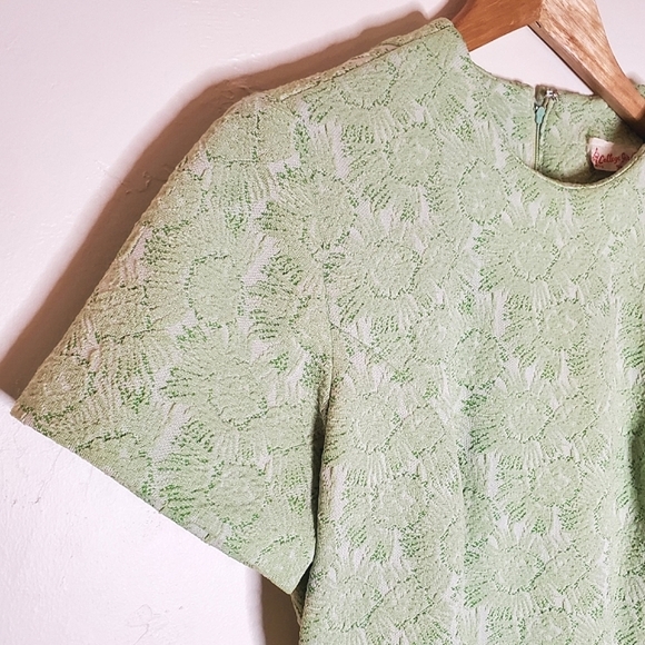 Mossy Mod Light Green Brocade Short-Sleeve Mini Dress with Pleats & Pocket - Picture 13 of 14